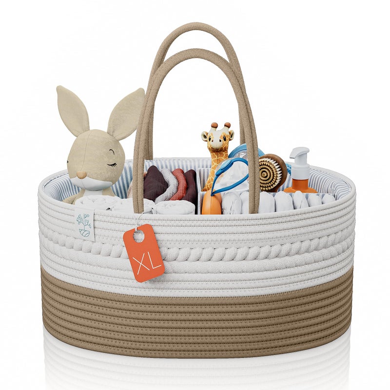 KiddyCare Woven Diaper Caddy Organizer, Large Gray Multi Functional Portable Baby Basket with Handle, Baby Gift for Boy/Girl Nursery Storage, Organization, and Modern Car Diaper Caddy Natural X-Large - Image 1